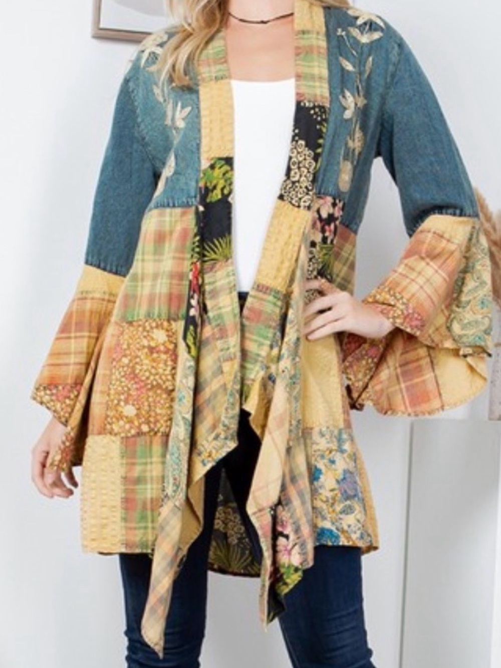 Patchwork Open-Front Cardigan Sweater - Multi Yellow Teal